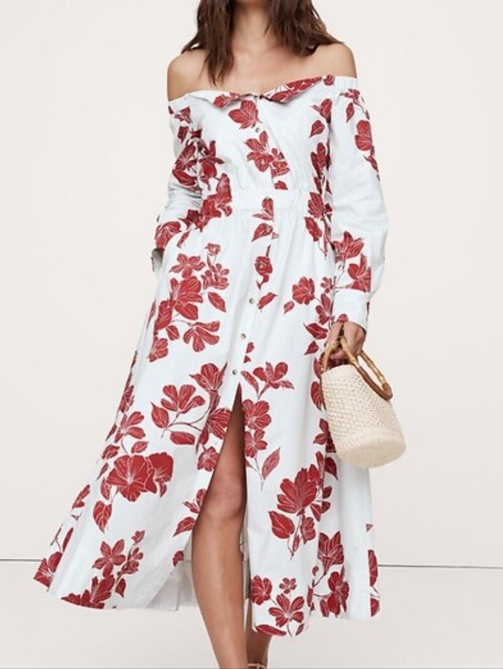 Banana Republic White Off-Shoulder Maxi Dress with Red Floral Print